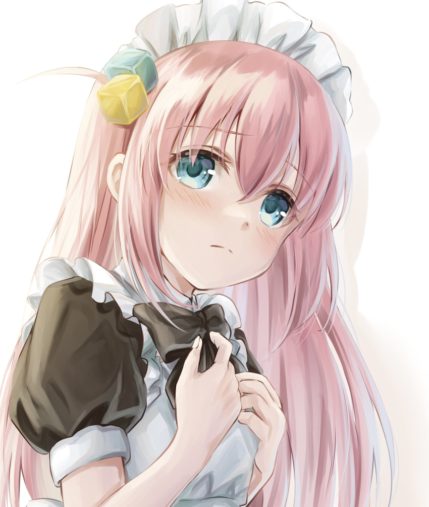 1girl, absurdres, adjusting_bowtie, apron, baumku_techen, black_bow, black_bowtie, black_shirt, blue_eyes, blush, bocchi_the_rock!, bow, bowtie, commentary, cube_hair_ornament, embarrassed, gotou_hitori, hair_between_eyes, hair_ornament, hand_on_own_chest, highres, long_hair, looking_at_viewer, maid, maid_apron, maid_headdress, one_side_up, pink_hair, puffy_short_sleeves, puffy_sleeves, shirt, short_sleeves, simple_background, solo, upper_body, white_apron, white_background