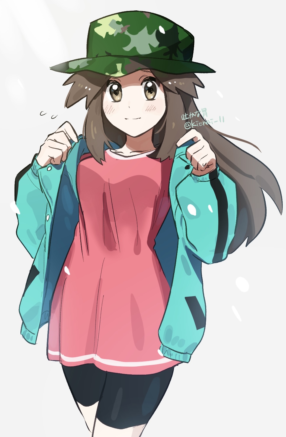 1girl, bike_shorts, blush, brown_eyes, brown_hair, camouflage, camouflage_headwear, closed_mouth