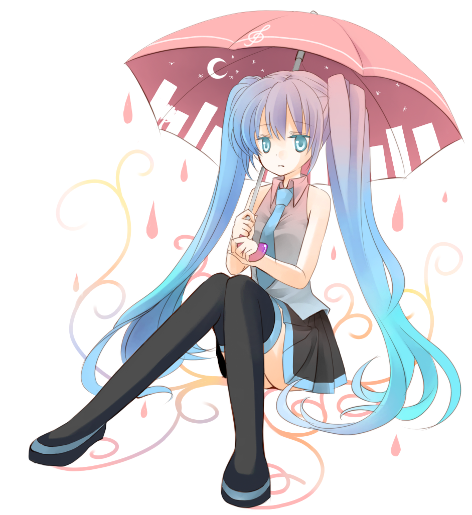 aqua_eyes, aqua_hair, hatsune_miku, long_hair, necktie, rain, sitting, skirt