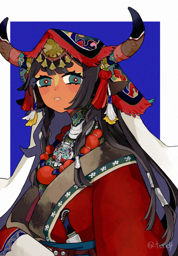 1girl, animal_ears, artist_name, bead_necklace, beads, black_hair, black_horns, blue_background