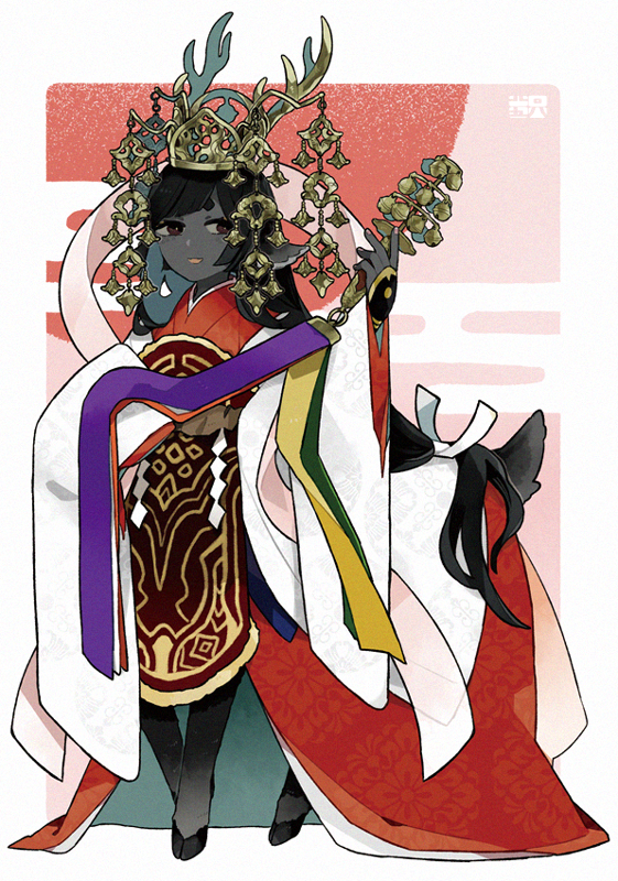 1girl, animal_ears, antler_ornament, antlers, artist_logo, bell, black_hair, black_skin