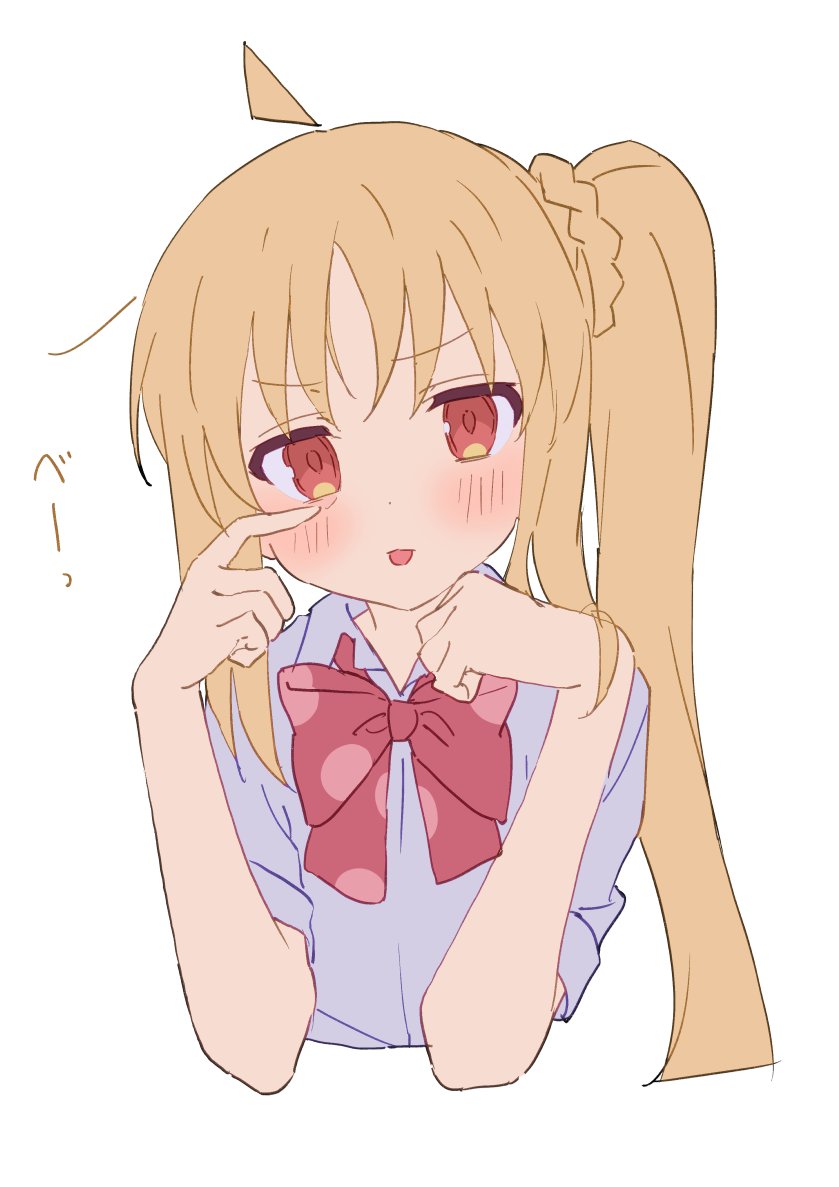 1girl, ahoge, blonde_hair, blush, bocchi_the_rock!, bow, bowtie, closed_mouth