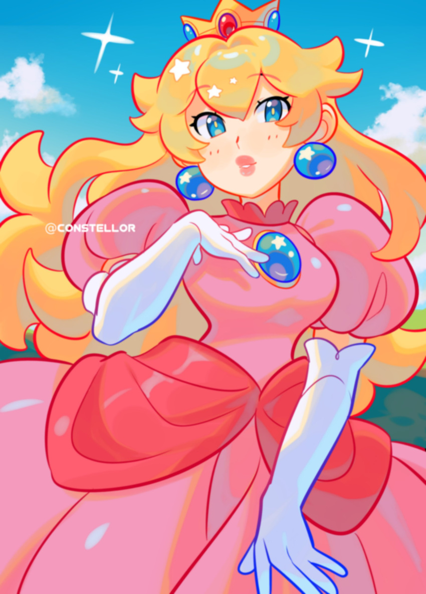1girl, absurdres, artist_name, blonde_hair, blue_eyes, blue_gemstone, blue_sky, blush, breasts, clouds, cloudy_sky, constellor, crown, day, dress, earrings, elbow_gloves, gem, gloves, grass, hair_between_eyes, hand_on_own_chest, hand_up, highres, jewelry, lips, long_hair, looking_at_viewer, medium_breasts, outdoors, pink_dress, princess_peach, puffy_short_sleeves, puffy_sleeves, red_gemstone, short_sleeves, sky, solo, standing, star_(symbol), super_mario_bros., teeth, wavy_hair, white_gloves