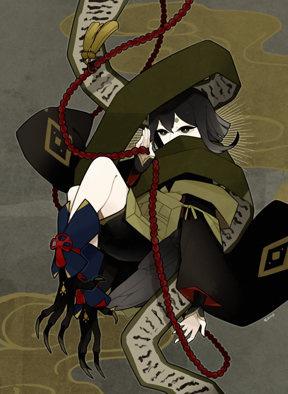 1girl, animal_feet, artist_name, beads, bird_legs, black_eyes, black_hair, brown_background