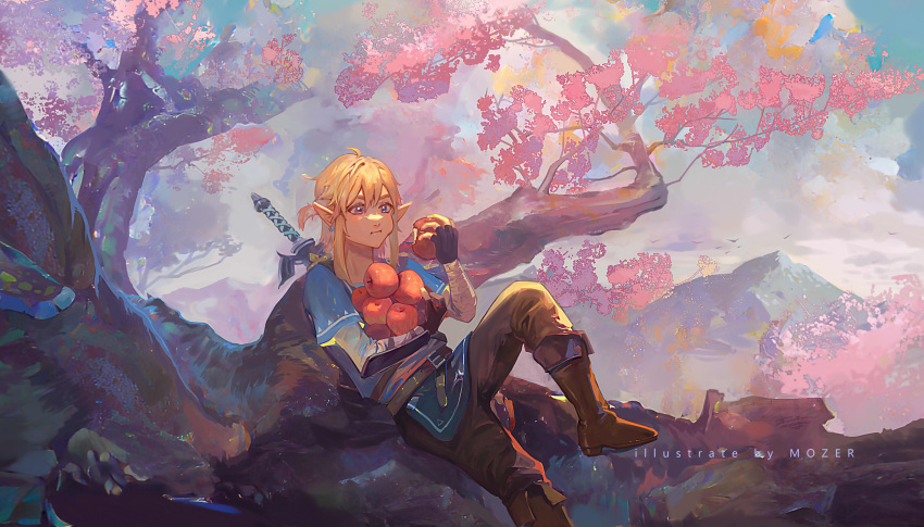 1boy, absurdres, apple, blue_eyes, blue_tunic, boots, cherry_blossoms, clouds