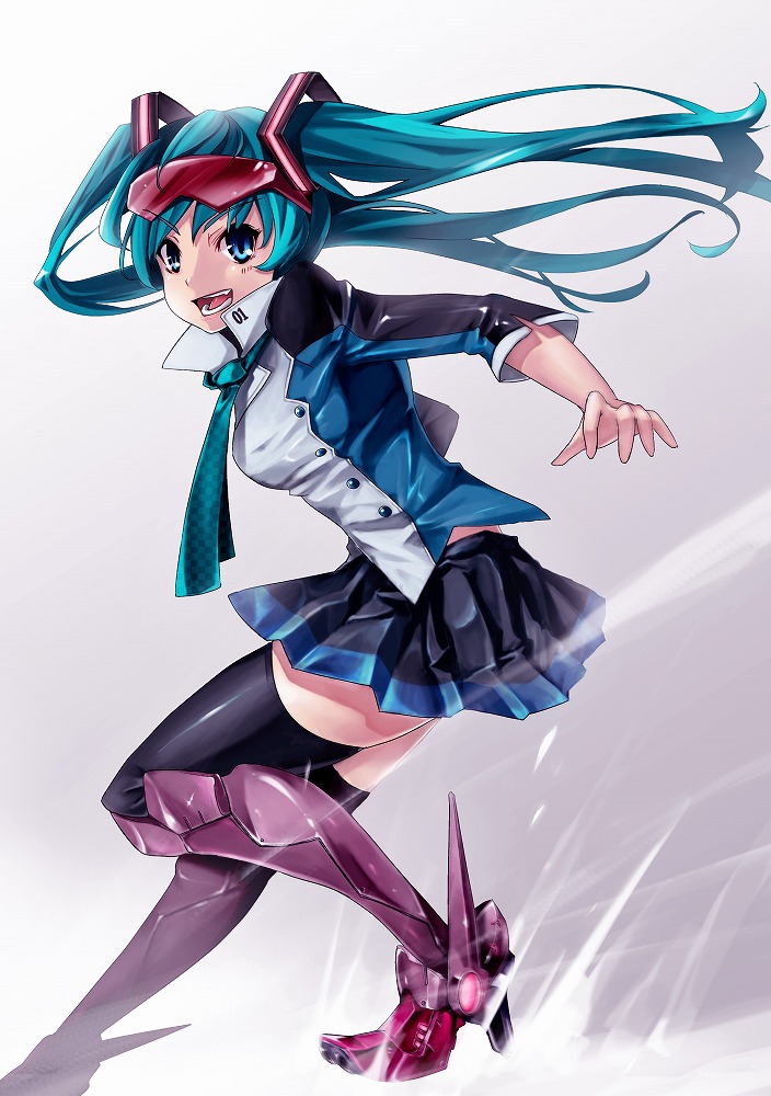 1girl, aqua_eyes, aqua_hair, black_legwear, boots, cosplay, hatsune_miku, high_heels