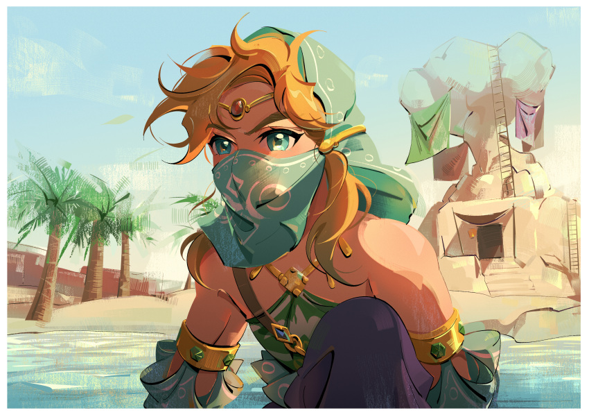absurdres, bare_shoulders, blue_eyes, blue_sky, circlet, detached_sleeves, gerudo_set_(zelda), highres