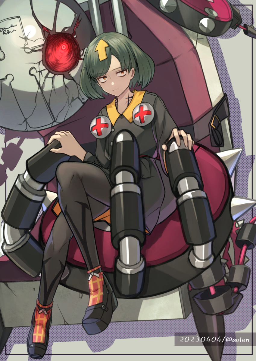 1girl, aoten_(aoiroarekore), arrow_(symbol), arrow_hair_ornament, bags_under_eyes, bed, bedman?, black_dress