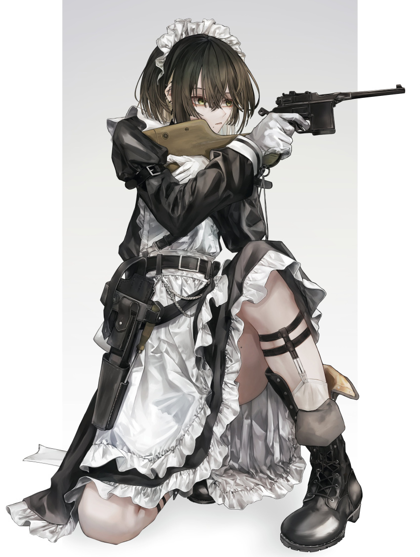 1girl, absurdres, apron, black_dress, black_footwear, black_hair, boots, border
