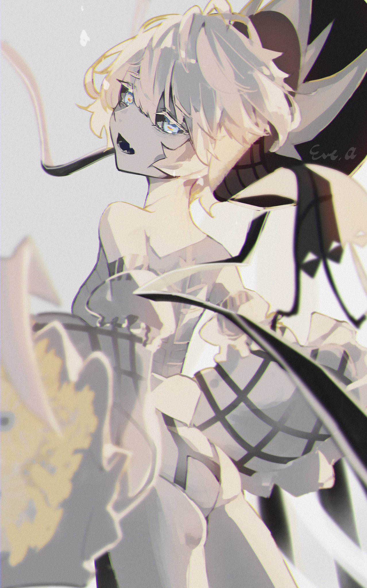 1girl, bare_shoulders, black_sclera, colored_sclera, colored_skin, dress, e_ixion, fate/grand_order