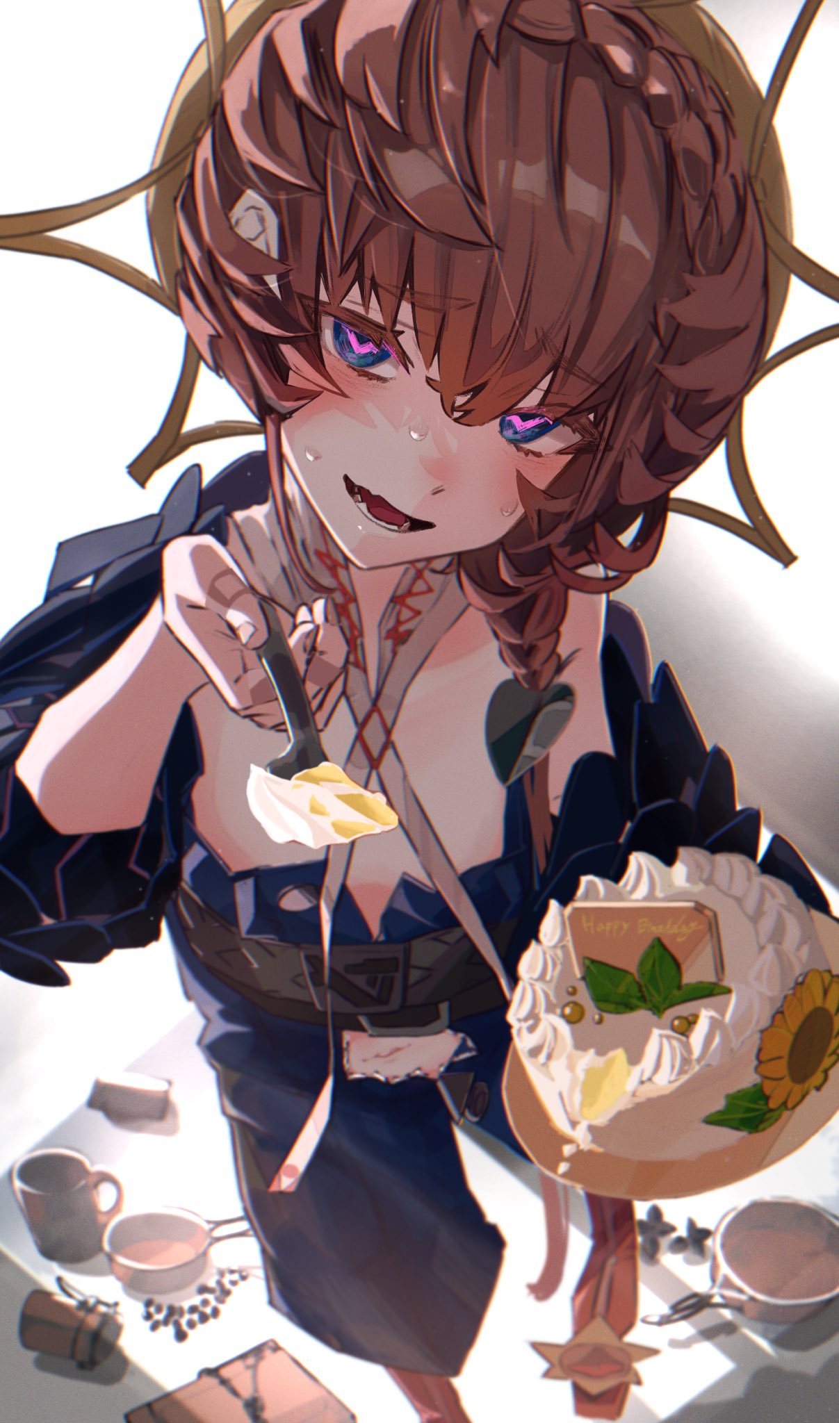 1girl, blue_eyes, blue_overalls, blurry, blurry_background, blush, braid, cake, chest_belt, crown_braid, cup, e_ixion, fate/grand_order, fate_(series), flower, food, from_above, frying_pan, hair_ornament, hat, highres, holding, holding_spoon, leaf_hair_ornament, long_hair, looking_at_viewer, navel, nervous, open_mouth, overall_shorts, overalls, pov, see-through, see-through_sleeves, side_braid, smile, solo, spoon, straw_hat, sunflower, sweat, unzipped, van_gogh_(fate), white_background, yellow_headwear
