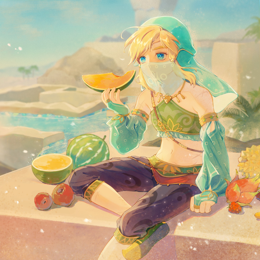 1boy, absurdres, armlet, blue_eyes, blue_sky, bridal_gauntlets, dmwggg, eating