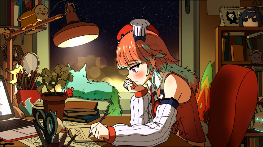 1girl, book, bookshelf, breasts, chair, chef_hat, closed_mouth, computer