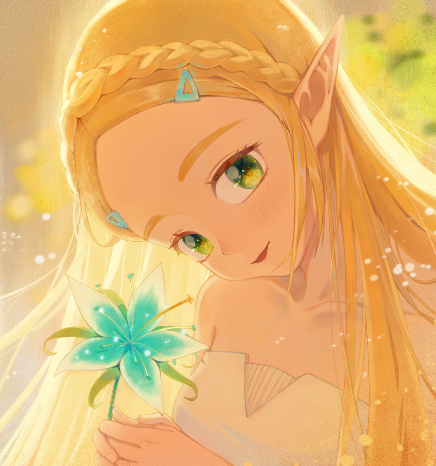 blonde_hair, braid, crown_braid, dmwggg, dress, flower, green_eyes, hair_ornament