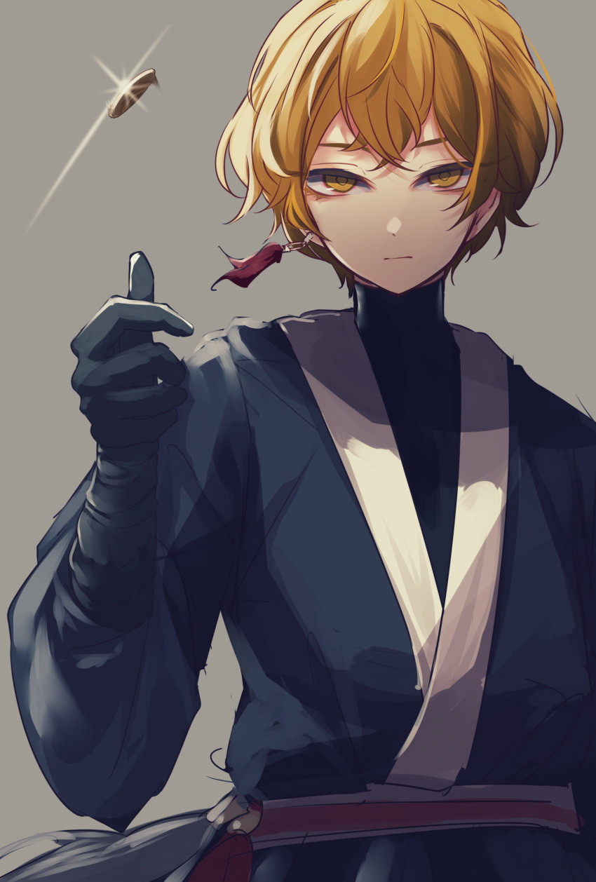 1boy, absurdres, andkyuryuu, black_gloves, black_shirt, blonde_hair, closed_mouth, coin, commentary_request, earrings, eyebrows_hidden_by_hair, gloves, grey_background, hand_up, highres, jewelry, korean_clothes, limbus_company, long_sleeves, male_focus, project_moon, shirt, short_hair, simple_background, sinclair_(limbus_company), single_earring, solo, upper_body, yellow_eyes