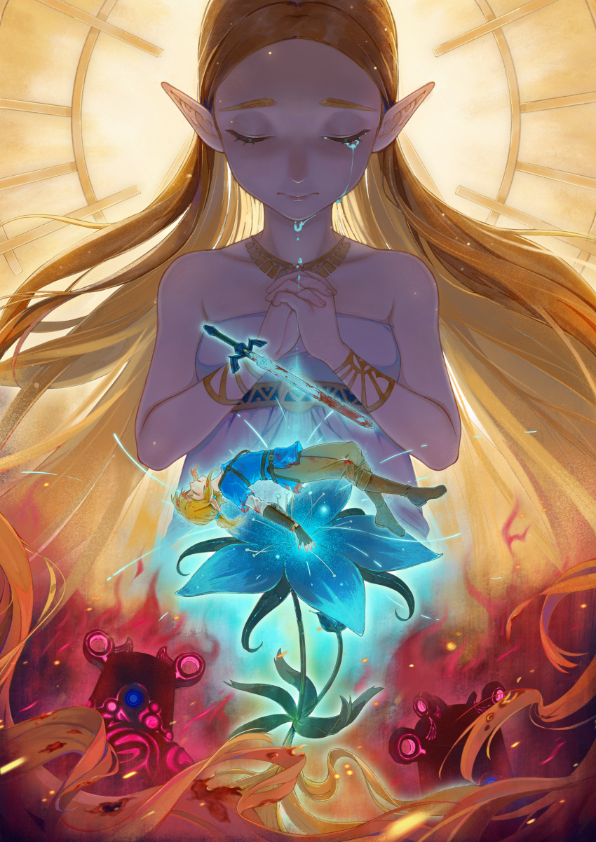 absurdres, blonde_hair, blue_tunic, bracelet, closed_eyes, dmwggg, dress, guardian_(breath_of_the_wild), highres, jewelry, link, long_hair, master_sword, pointy_ears, praying, princess_zelda, princess_zelda_(botw), silent_princess, strapless, strapless_dress, tears, the_legend_of_zelda, the_legend_of_zelda:_breath_of_the_wild, white_dress