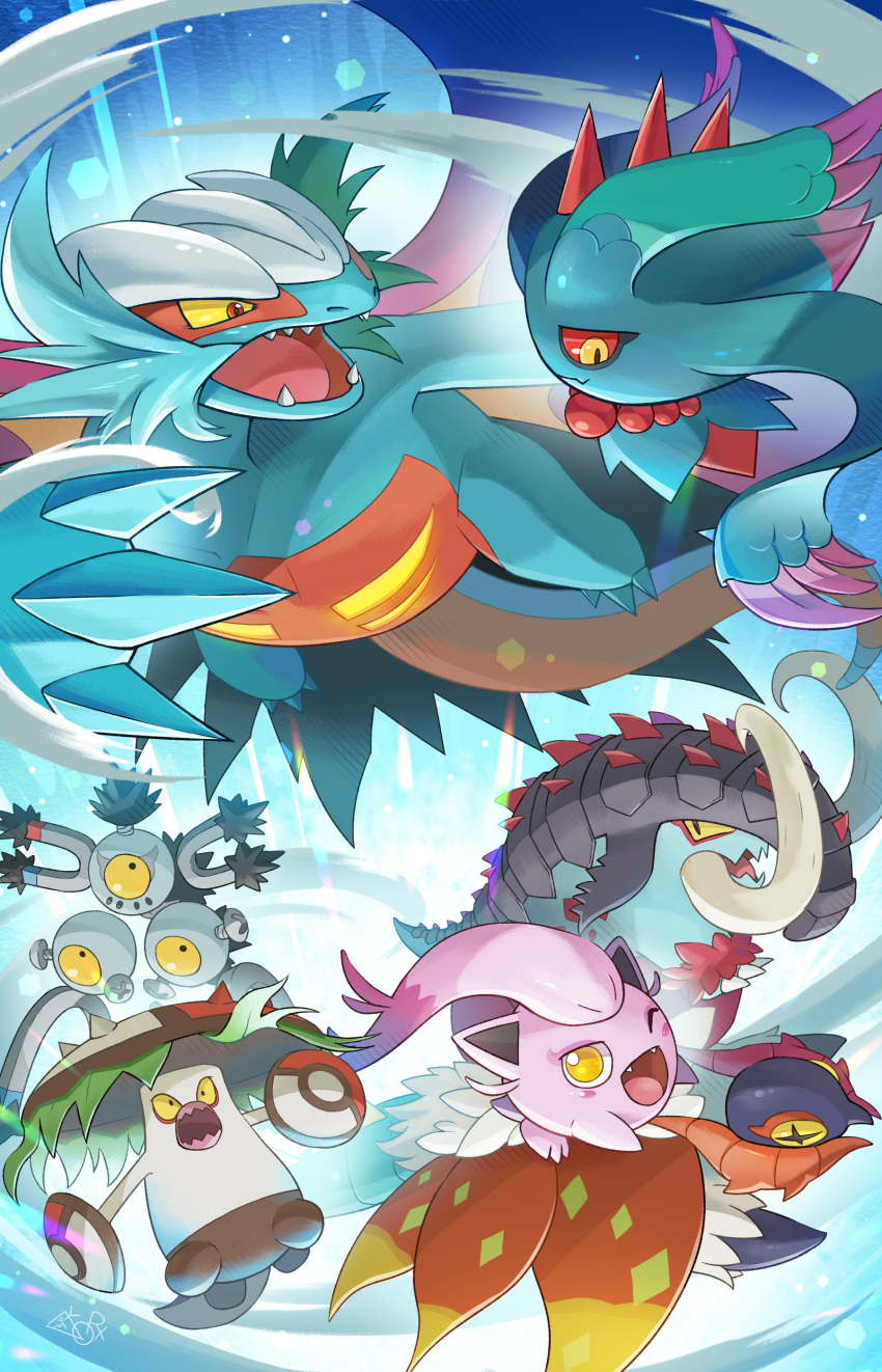 absurdres, brute_bonnet, colored_sclera, flutter_mane, great_tusk, hakkentai_pokedan, highres, looking_at_viewer