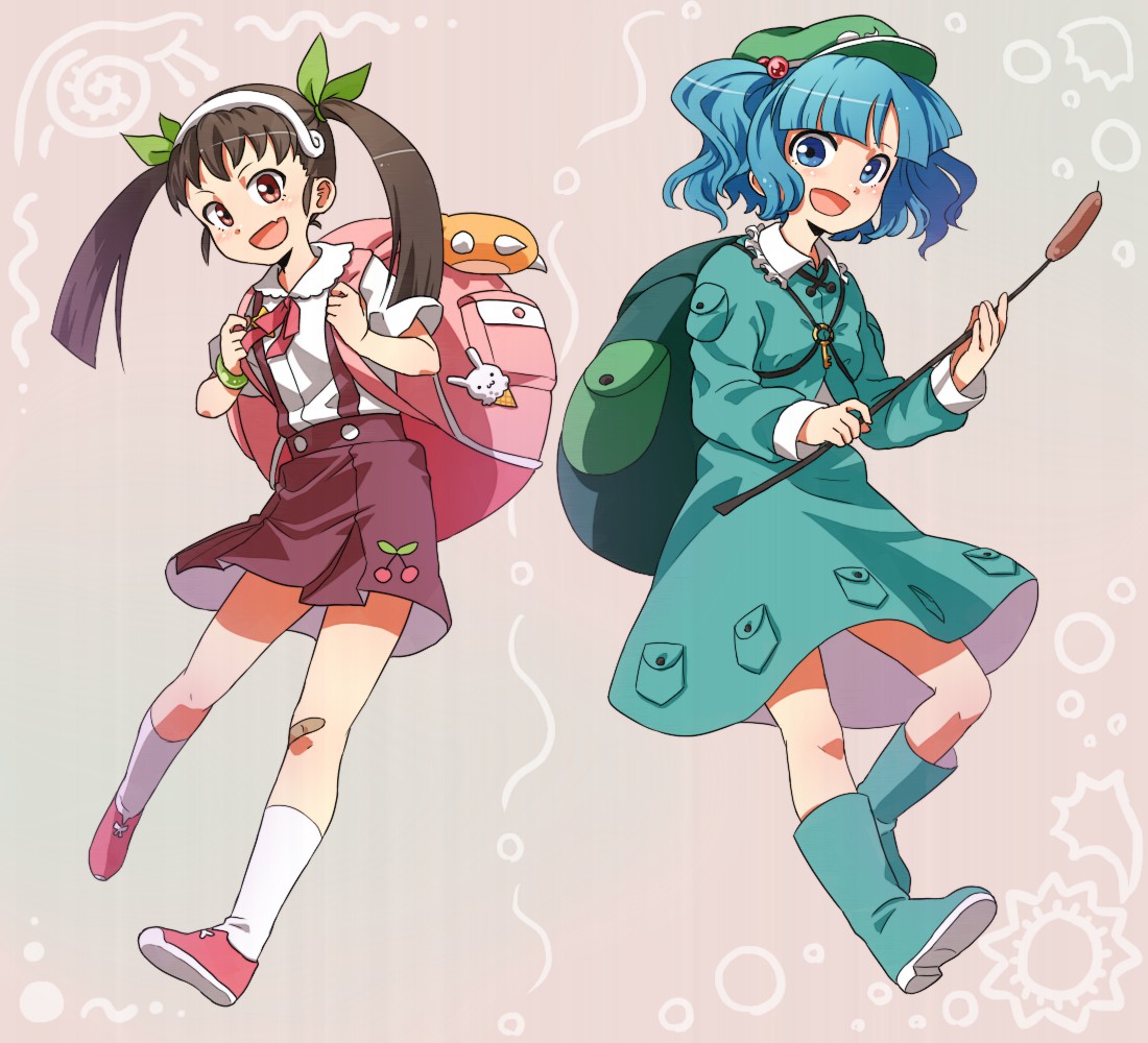 bag, bakemonogatari, blue_eyes, blue_hair, crossover, food_themed_clothes, hachikuji_mayoi, hair_bobbles