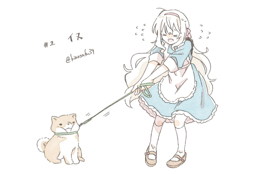 >_<, 1girl, ahoge, animal, animal_name, apron, blue_collar, blue_dress