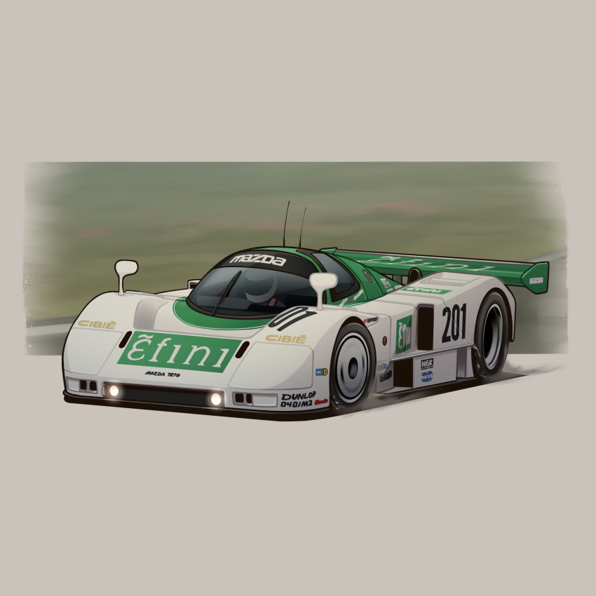 arhentol, car, driving, glowing, helmet, highres, mazda, mazda_787b