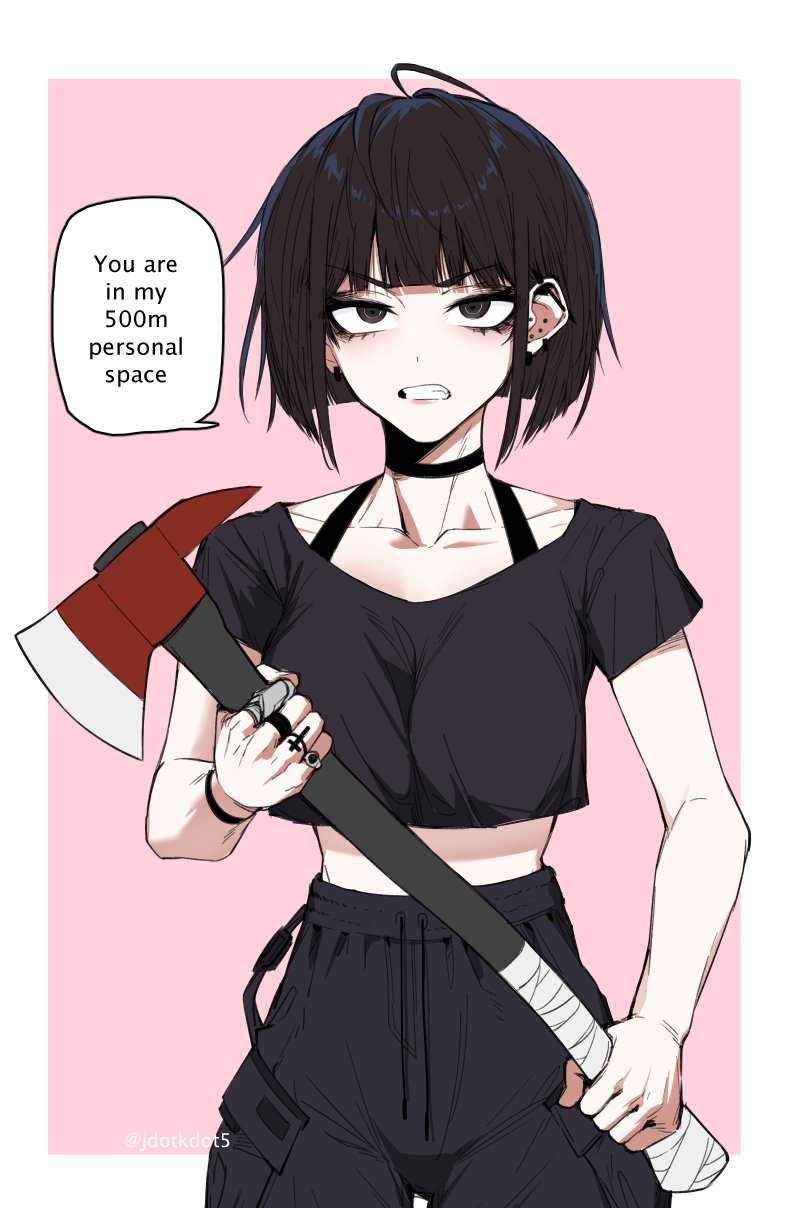 1girl, annoyed, axe, black_eyes, black_hair, black_shirt, bob_cut, border, breasts, choker, clenched_teeth, collarbone, commentary, cowboy_shot, cowlick, crop_top, cropped_shirt, drawstring, ear_piercing, english_commentary, english_text, fire_axe, highres, holding, holding_axe, j.k., jewelry, june_kim, looking_at_viewer, medium_breasts, original, piercing, pink_background, pocket, ring, shirt, short_hair, short_sleeves, shorts, simple_background, solo, speech_bubble, teeth, twitter_username, white_border