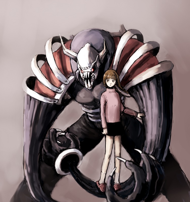 1girl, arm_at_side, black_skirt, blunt_bangs, braid, brown_background, brown_eyes, brown_hair, carrying, claws, commentary, demon_horns, floating_hair, glowing, glowing_eyes, horns, kaizuka_hiroko, long_hair, long_sleeves, looking_to_the_side, miniskirt, monster, narutaru, oni_(narutaru), parted_lips, pink_sweater, raised_eyebrows, red_eyes, red_footwear, sharp_teeth, skirt, slippers, socks, solo, sweater, teeth, tomatomatotto, turtleneck, turtleneck_sweater, twin_braids, white_socks