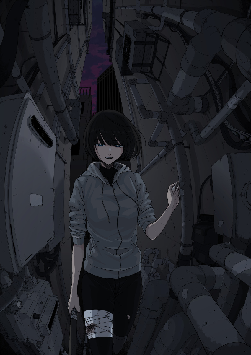 1girl, absurdres, air_conditioner, alley, bandaged_leg, bandages, banken, baseball_bat