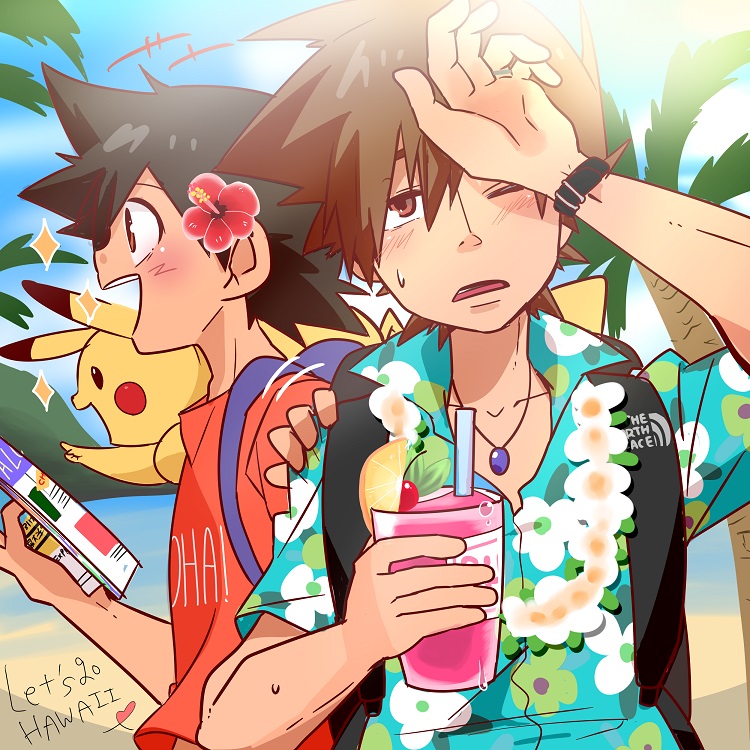 2boys, ash_ketchum, backpack, bag, brown_hair, cherry, collarbone, creature