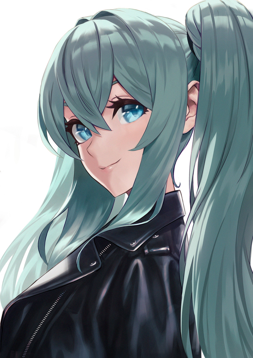 1girl, aqua_hair, black_jacket, blue_eyes, close-up, closed_mouth, eyelashes, hair_between_eyes