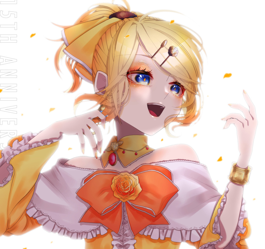 1girl, absurdres, aku_no_musume_(vocaloid), anniversary, backlighting, bare_shoulders, blonde_hair, blue_eyes