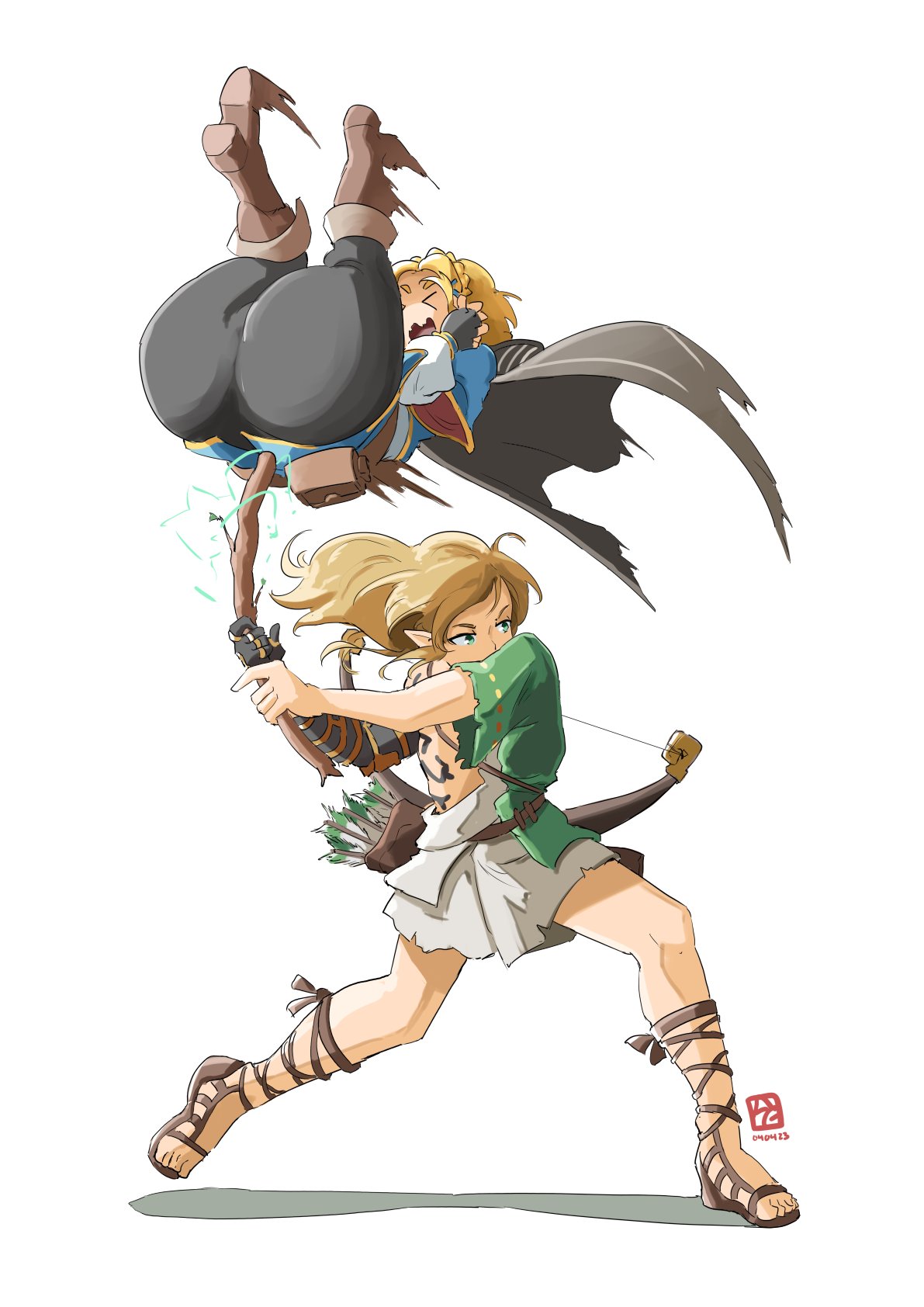>_<, 1boy, 1girl, aqua_eyes, arm_tattoo, arrow_(projectile), ass, ass_smack
