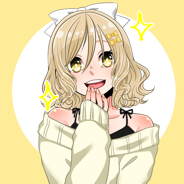 1girl, alphabet, alphabet_lore, blonde_hair, bow, flurrysnowgirl, harrymations, humanization, looking_at_viewer, picrew, russian_alpahbet_lore, smile, white_bow, yellow_and_white_background, yellow_eyes