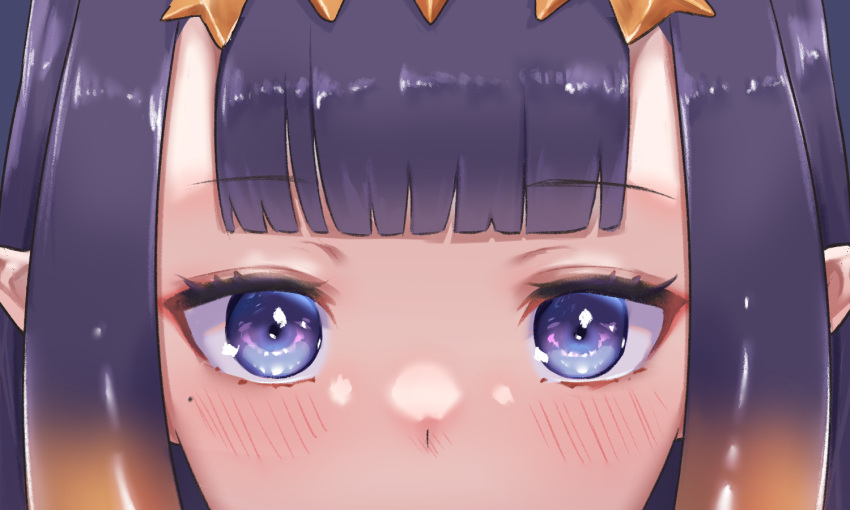 1girl, black_hair, blue_eyes, blunt_bangs, blush, close-up, gradient_hair, hololive