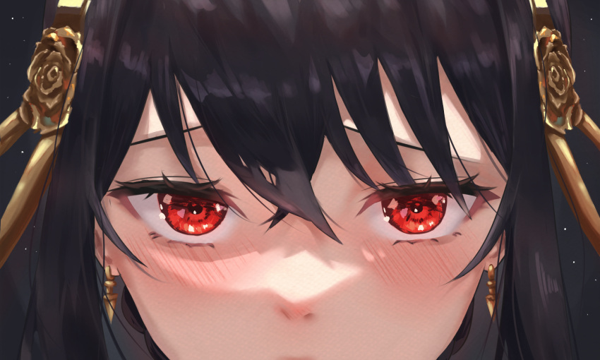 1girl, black_hair, blush, close-up, crossed_bangs, earrings, embarrassed, hair_between_eyes