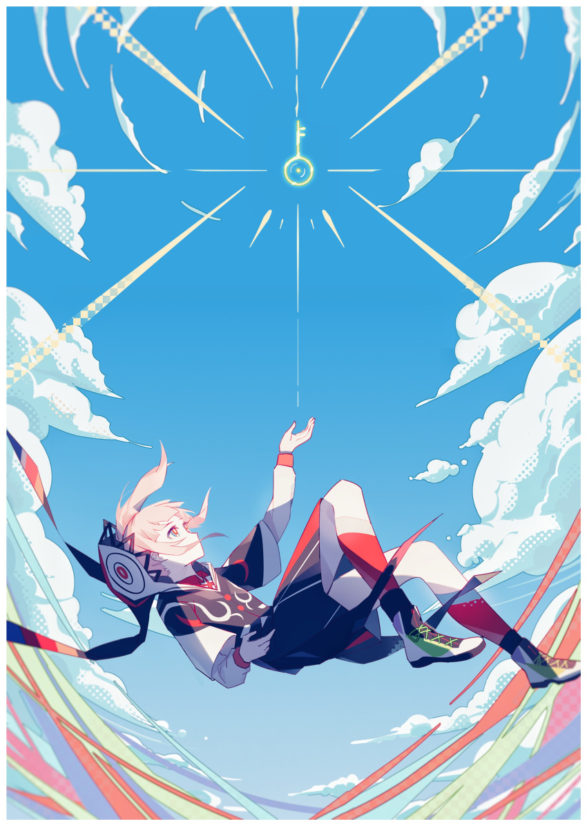 1girl, absurdres, blue_eyes, blue_jacket, blue_skirt, blue_sky, blurry, border