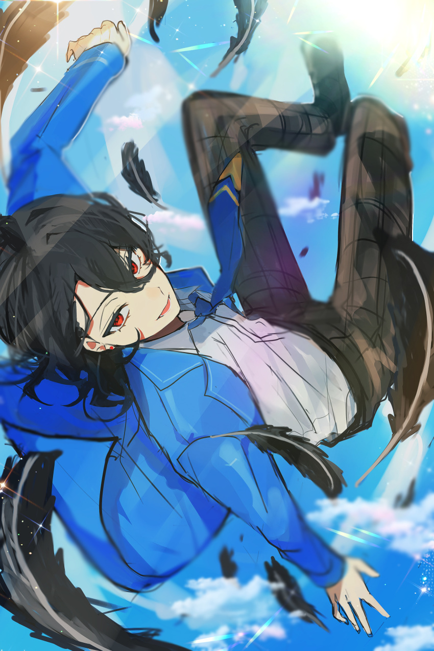 1boy, absurdres, black_feathers, black_hair, black_pants, blazer, blue_jacket, blue_necktie