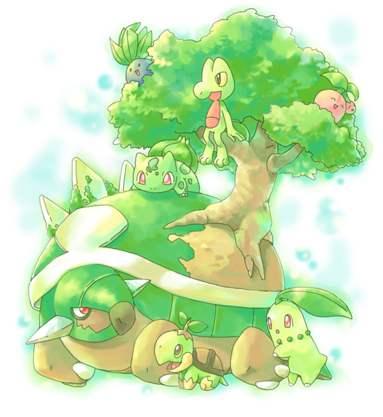 bulbasaur, cherubi, chikorita, closed_eyes, d-nezumi, grass, no_humans, oddish