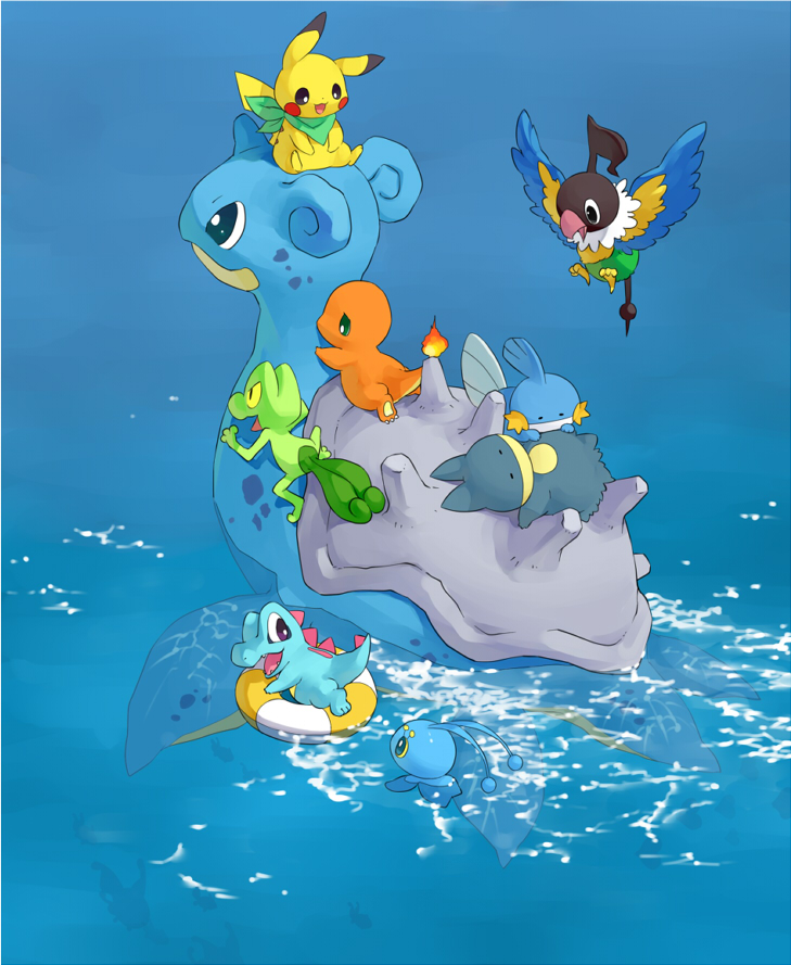 bandana, charmander, chatot, closed_eyes, day, emunise, green_bandana, innertube