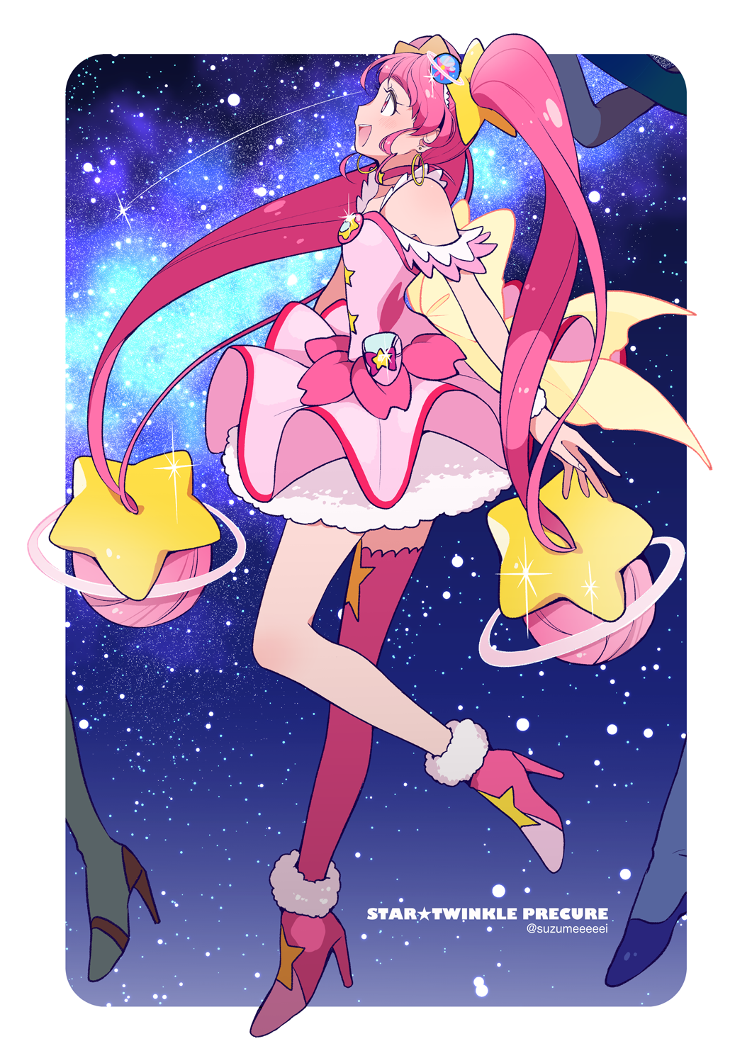 1girl, :d, blunt_bangs, blush, boots, choker, copyright_name, cure_star