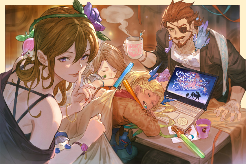 1boy, 3girls, bare_shoulders, beard, black_jacket, blonde_hair, bracelet, brown_hair