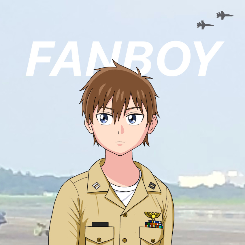 1boy, aircraft, airplane, badge, blue_eyes, brown_hair, buttons, character_name, collarbone, crossover, delicious_party_precure, fighter_jet, highres, jet, kamihoshi, military, military_rank_insignia, military_uniform, military_vehicle, precure, scenery, shinada_takumi, short_hair, top_gun, top_gun:_maverick, uchida_yuuma, uniform, united_states_navy, upper_body