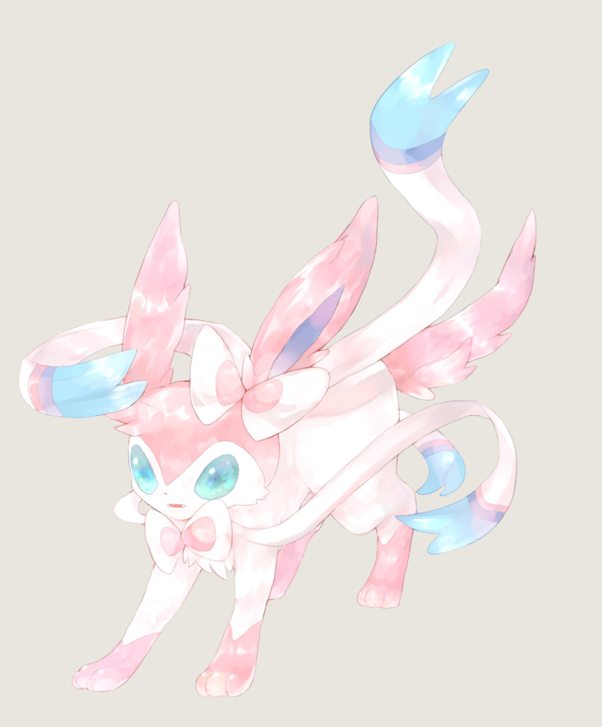 animal_focus, blue_eyes, bow, bowtie, commentary, fangs, full_body, grey_background, hair_bow, highres, no_humans, ntmkn, open_mouth, pokemon, pokemon_(creature), ribbon, simple_background, solo, standing, sylveon, white_bow, white_bowtie, white_ribbon