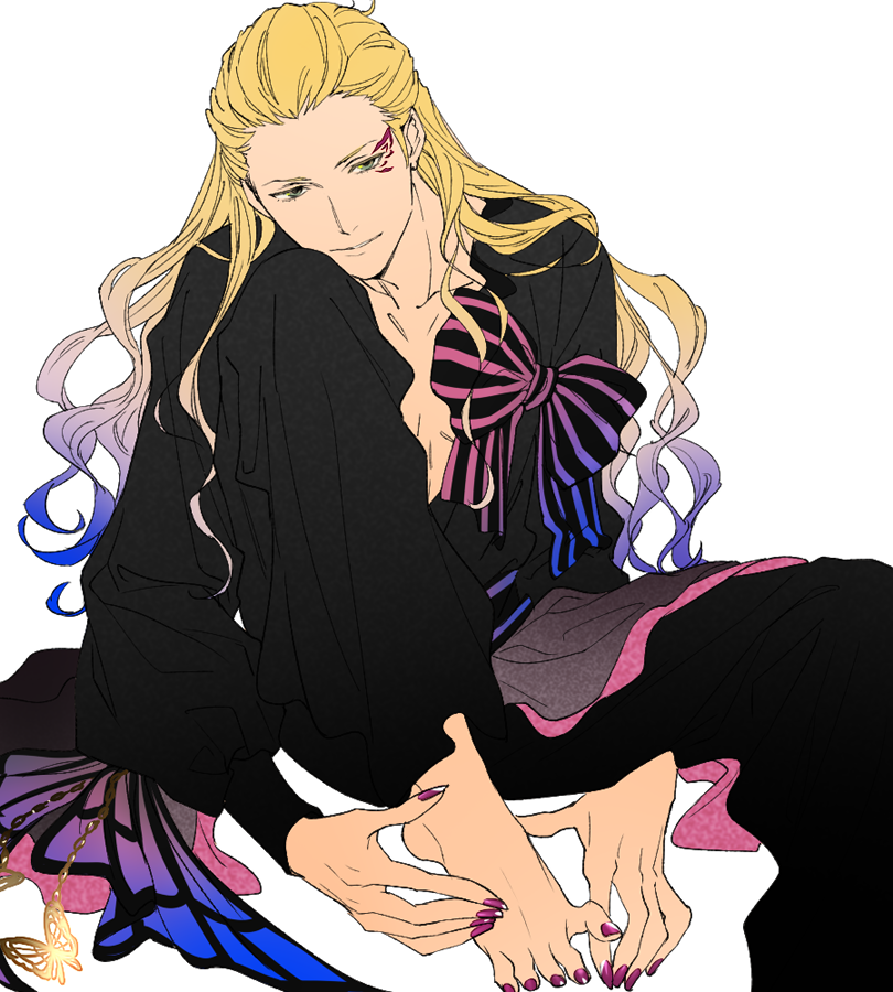 animal_print, barefoot, black_pants, black_shirt, blonde_hair, bow, butterfly_print, egawa_satsuki
