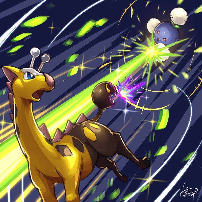 blue_eyes, energy_beam, girafarig, inosuke_(monstruo), jumpluff, looking_at_another, looking_back, midair
