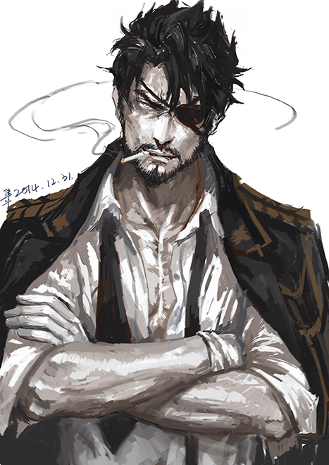 1boy, beard, black_hair, cigarette, eyepatch, facial_hair, formal, jacket