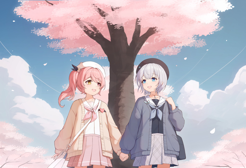 2girls, :d, absurdres, bag, blue_eyes, blue_sky, cardigan, chaoslive