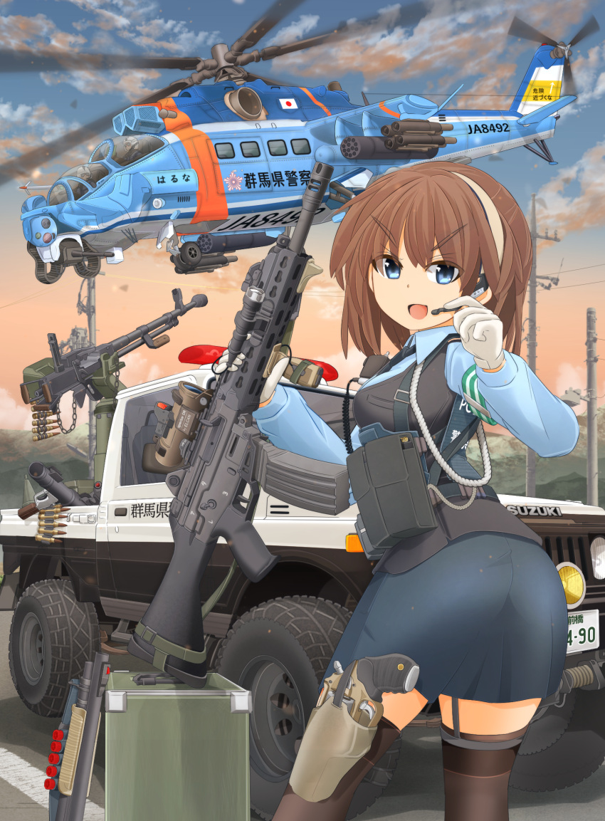 2boys, aircraft, ammunition_belt, armband, ass, assault_rifle, blue_eyes, brown_hair, bullet, clouds, commentary_request, cowboy_shot, from_behind, garter_straps, gloves, green_armband, ground_vehicle, gun, handgun, headset, heavy_machine_gun, helicopter, helmet, highres, hill, holding, holding_gun, holding_weapon, holster, howa_type_89, japanese_flag, japanese_national_police_agency_(emblem), license_plate, load_bearing_equipment, looking_at_viewer, looking_back, machine_gun, mi-24, mikeran_(mikelan), military, military_vehicle, missile, missile_pod, motion_blur, motor_vehicle, multiple_boys, necktie, open_mouth, original, outdoors, pickup_truck, police, police_helicopter, police_uniform, policewoman, power_lines, radio, revision, revolver, rifle, rocket_launcher, short_hair, skirt, sky, suzuki_(company), technical, thigh-highs, thigh_holster, translated, truck, uniform, uniform_vest, utility_pole, vertical_foregrip, weapon, white_gloves, zettai_ryouiki