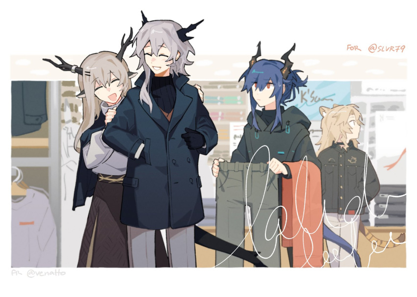 4girls, :d, ^_^, alina_(arknights), alternate_costume, animal_ears, arknights, black_capelet