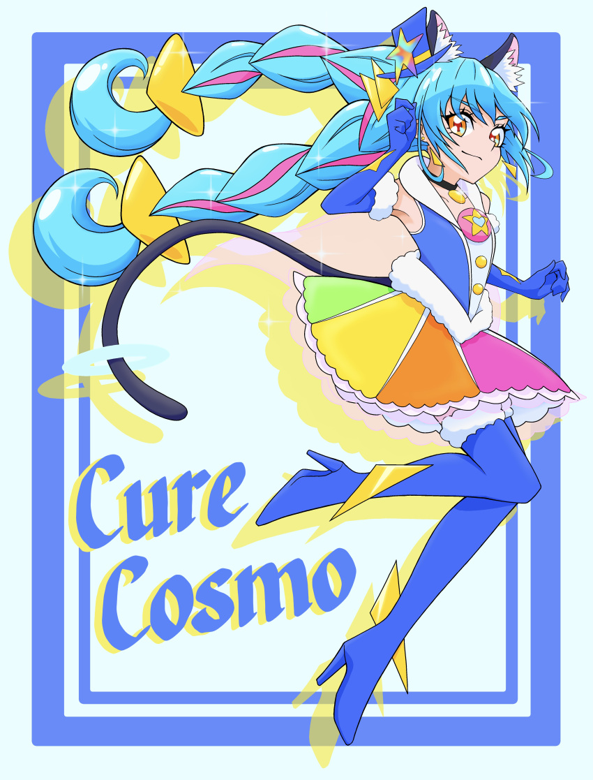 1girl, absurdres, animal_ears, black_choker, blue_footwear, blue_gloves, blue_hair, boots