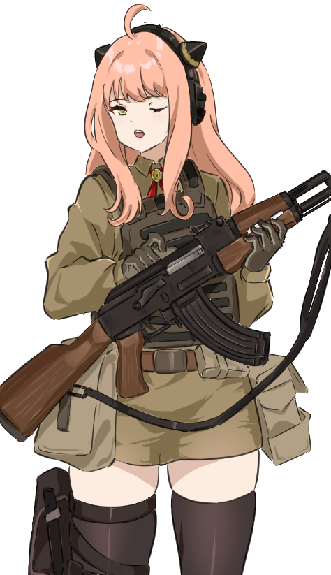 aged_up, anya_(spy_x_family), assault_rifle, belt_pouch, bulletproof_vest, gloves, green_eyes, gun